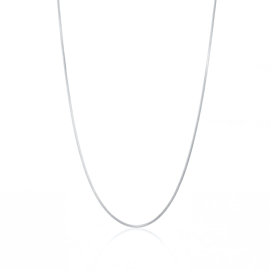 Silver snake chain necklace, 1 mm flat snake chain on white background