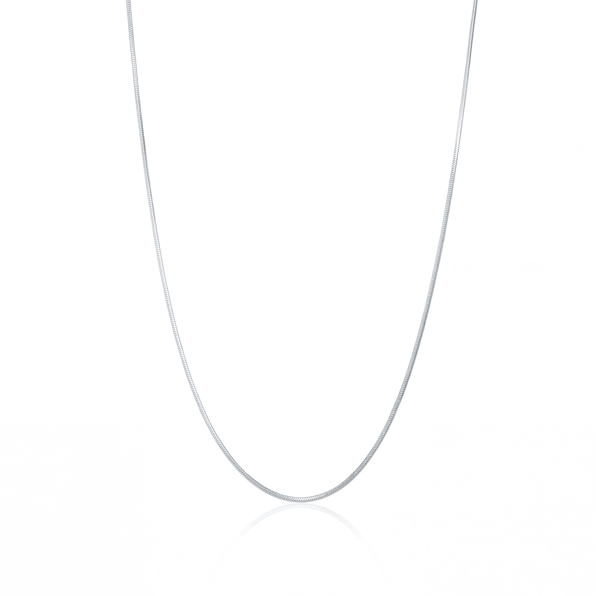 Silver snake chain necklace, 1 mm flat snake chain on white background
