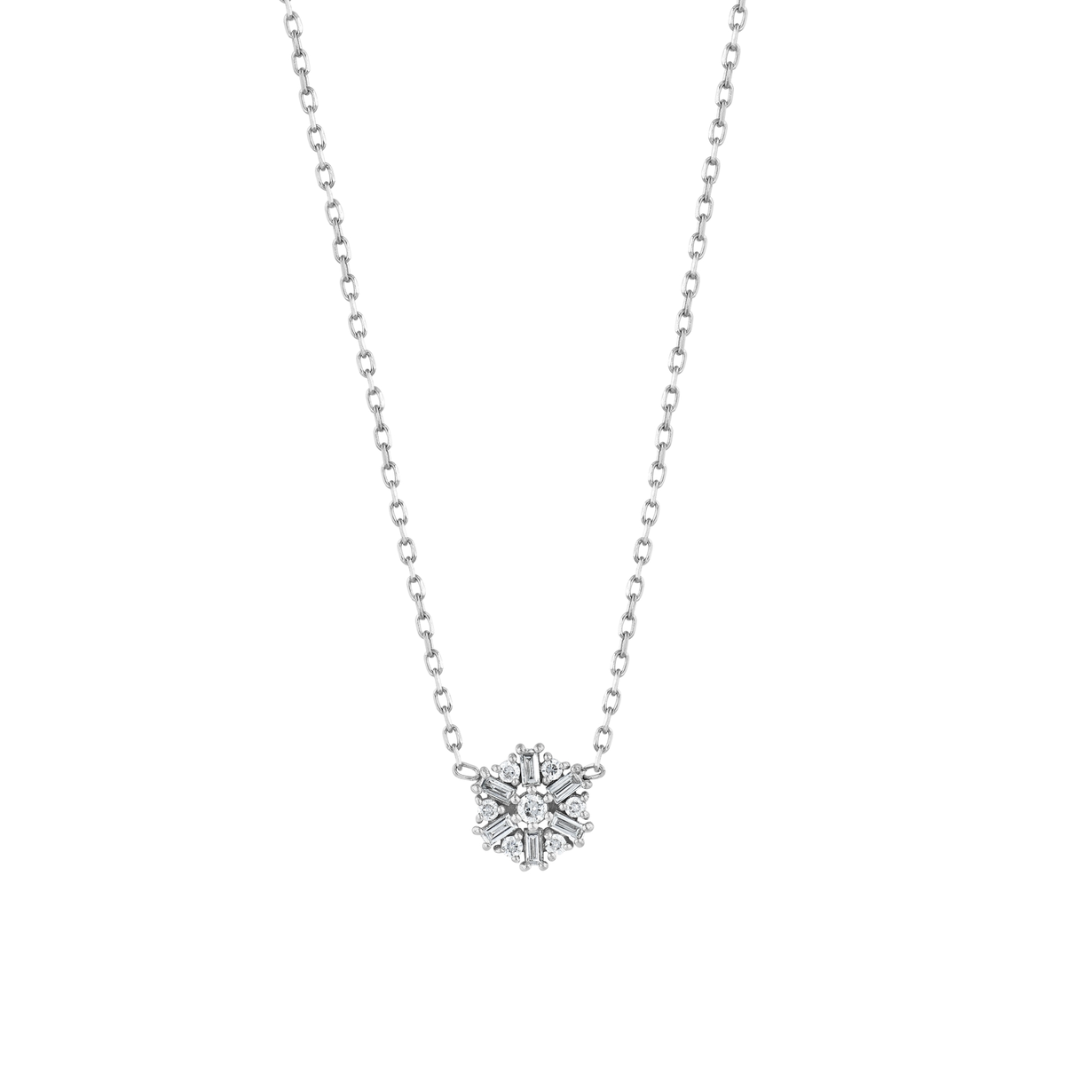 Snowflake baguette natural diamond necklace in 14K solid white gold on a fine cable chain, front view on a white background