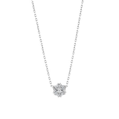Snowflake baguette natural diamond necklace in 14K solid white gold on a fine cable chain, front view on a white background