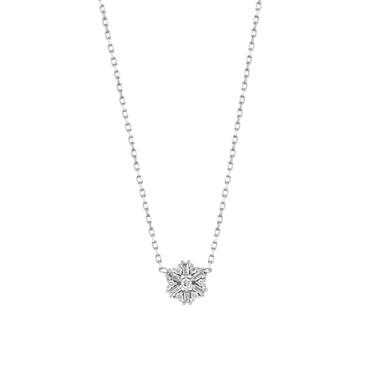 Snowflake baguette natural diamond necklace in 14K solid white gold on a fine cable chain, front view on a white background