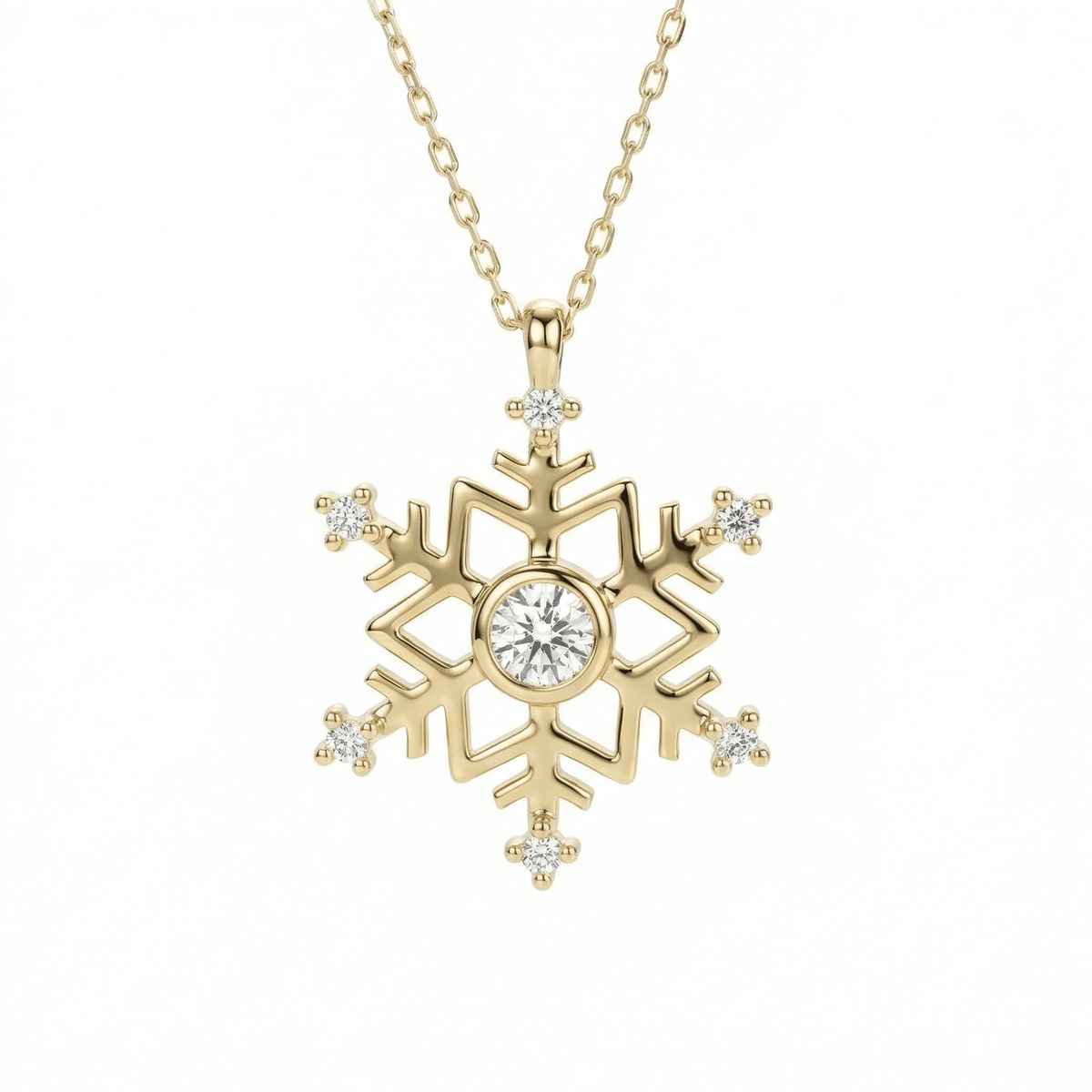 Snowflake pendant necklace in 14K solid gold, with a round CZ center stone in a bezel and six small CZ stones at the arm tips.