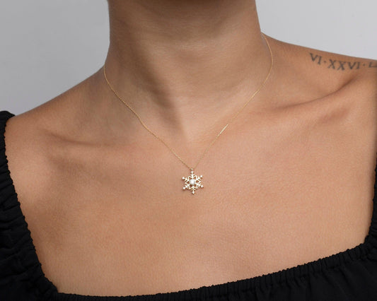 Close detail of the Snowflake Pendant Necklace in 18K Gold Vermeil. Safe for sensitive skin, premium handmade jewelry.