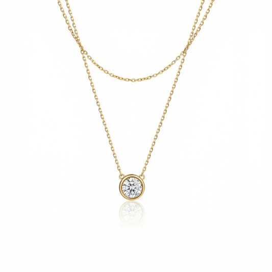 Solitaire Bezel CZ Diamond Necklace in 18K Gold Vermeil with CZ Diamond. Tarnish-resistant, perfect for daily wear.