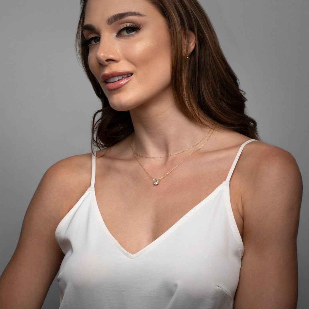 Solitaire Bezel CZ Diamond Necklace as a thoughtful birthday gift in 18K Gold Vermeil with CZ Diamond. Hypoallergenic, no.