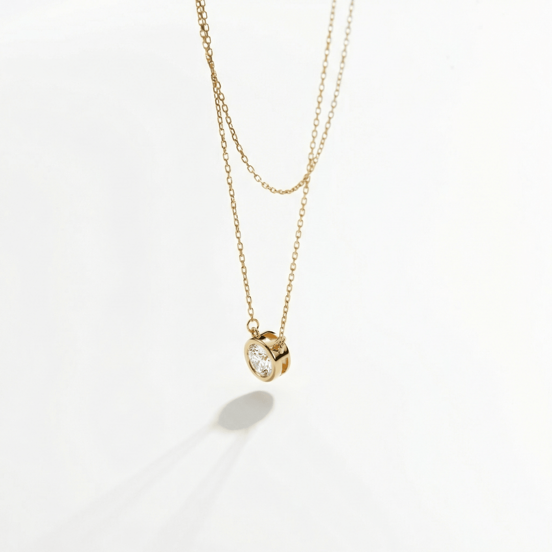 Solitaire Bezel CZ Diamond Necklace in Glamour Jewelry House gift box — 18K Gold Vermeil anniversary gift. Hypoallergenic.