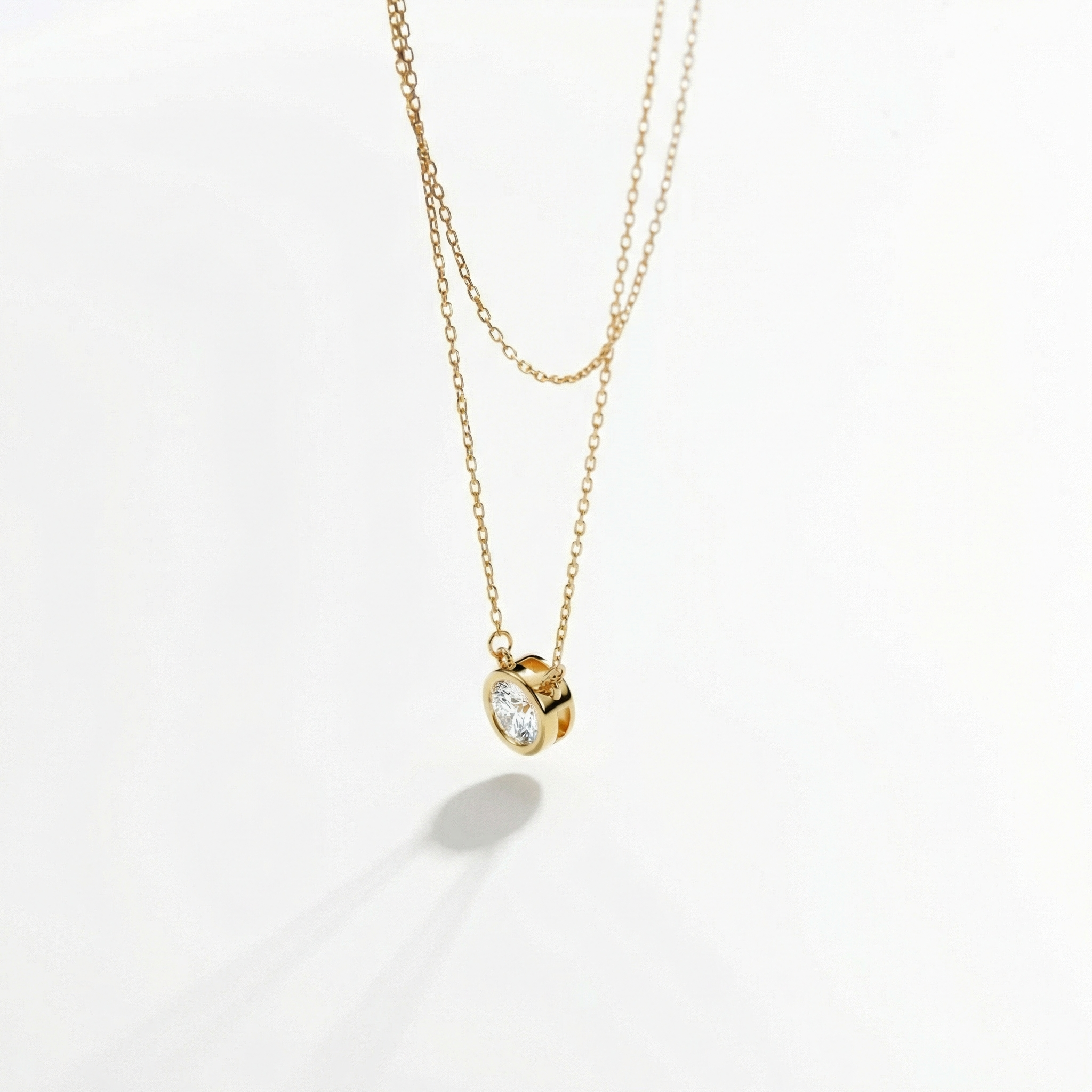 Solitaire Bezel CZ Diamond Necklace in Glamour Jewelry House gift box — 18K Gold Vermeil anniversary gift. Hypoallergenic.