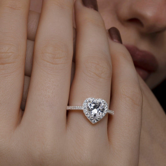 Close detail of the Solitaire Heart CZ Engagement Ring in 18K Gold Vermeil with CZ Diamond. Hypoallergenic, no green marks.