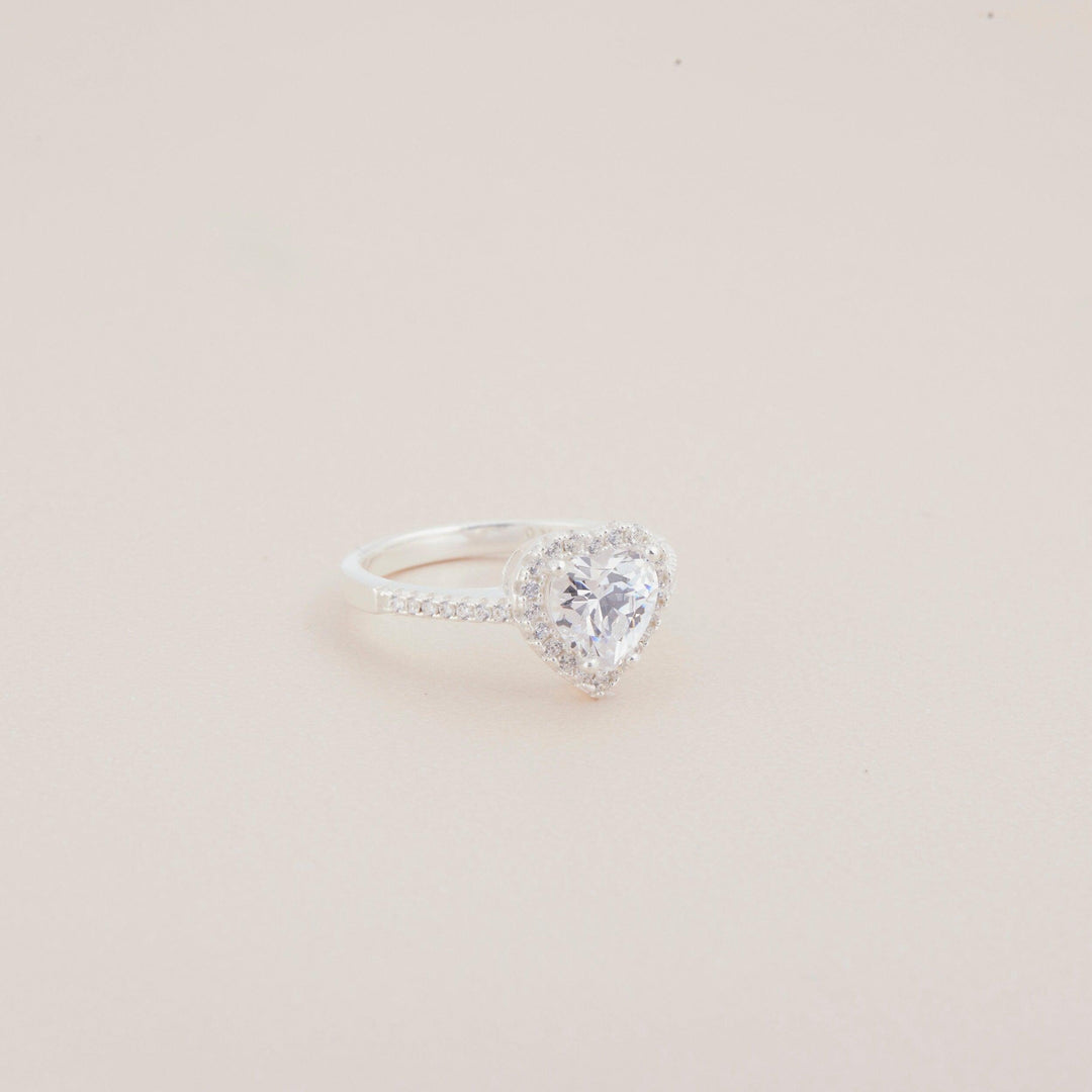 Macro detail of the Solitaire Heart CZ Engagement Ring: CZ Diamond set in 18K Gold Vermeil. Tarnish-resistant, handmade.