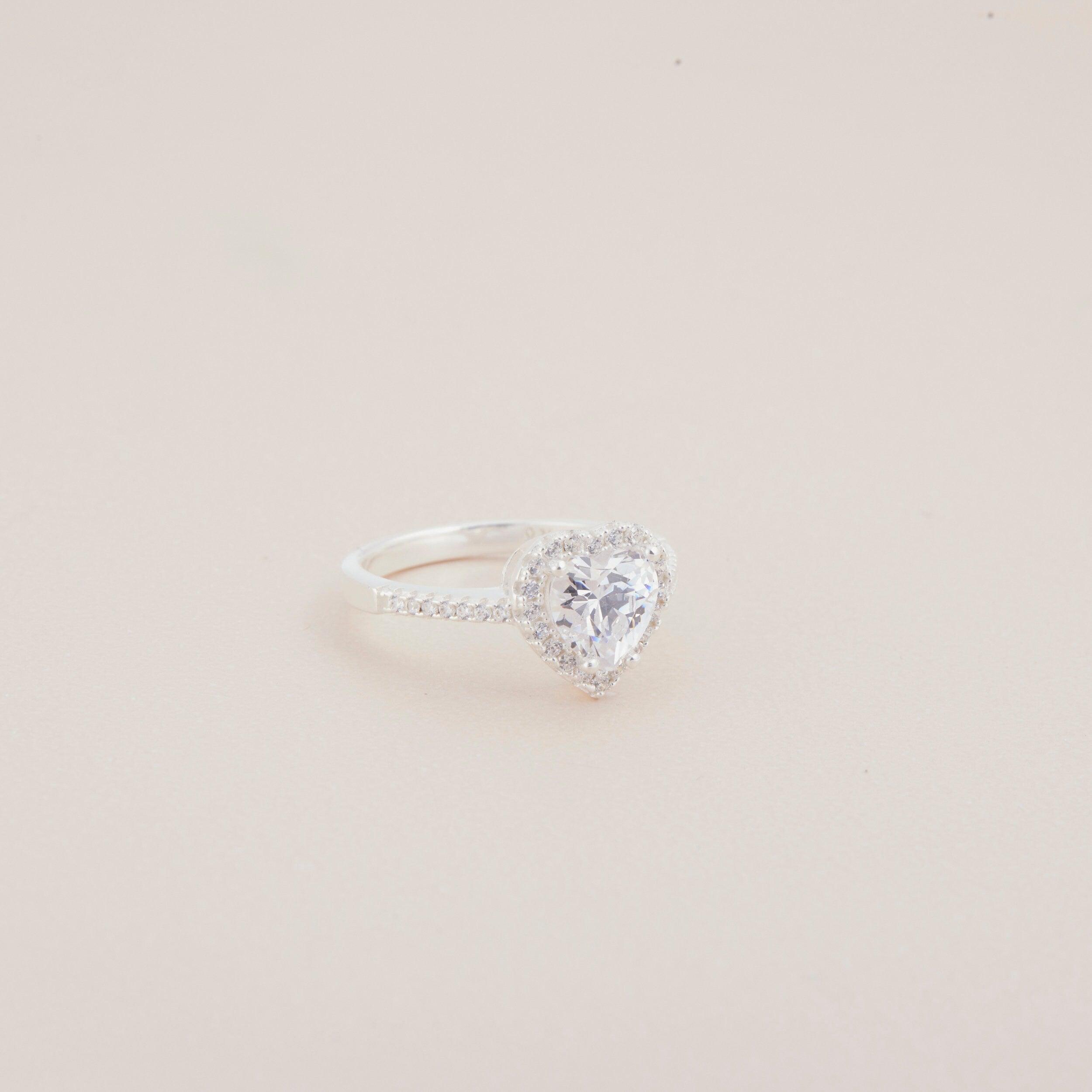 Macro detail of the Solitaire Heart CZ Engagement Ring: CZ Diamond set in 18K Gold Vermeil. Tarnish-resistant, handmade.