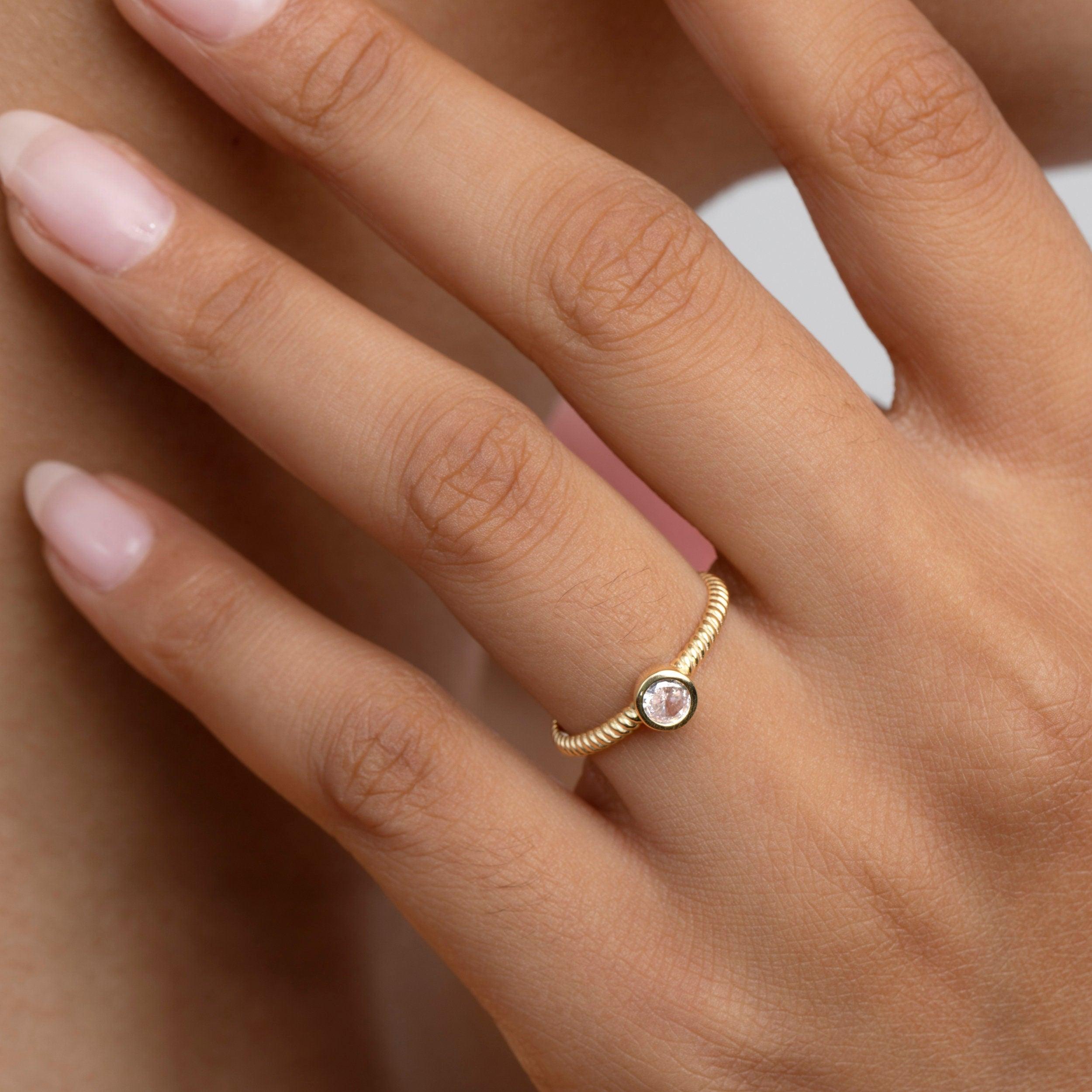 The Solitaire Stackable Ring styled in 18K Gold Vermeil — elegant everyday jewelry. Tarnish-resistant.