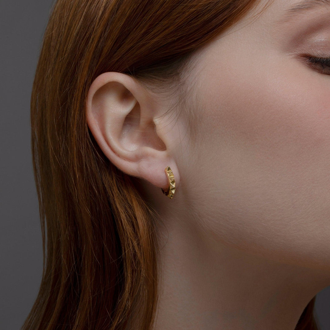 Macro detail of the Spike Huggie Earring showcasing craftsmanship in 18K Gold Vermeil. No green marks, handmade.