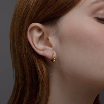 Macro detail of the Spike Huggie Earring showcasing craftsmanship in 18K Gold Vermeil. No green marks, handmade.