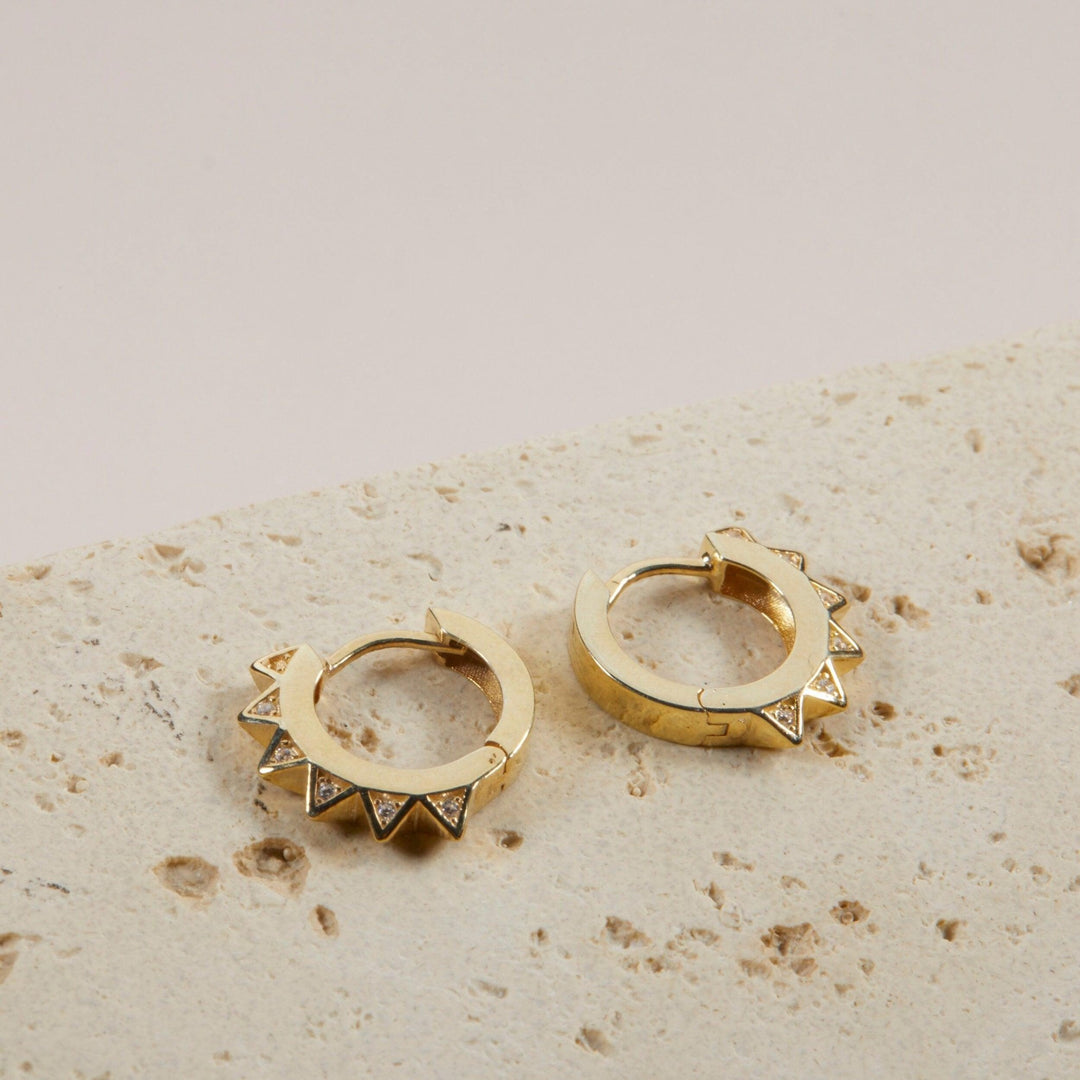 Spike Huggie Earring in Glamour Jewelry House gift box — 18K Gold Vermeil graduation gift. No green marks.