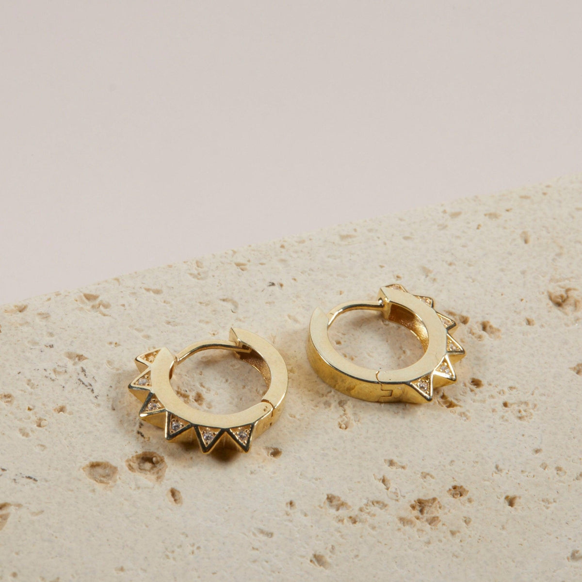Spike Huggie Earring in Glamour Jewelry House gift box — 18K Gold Vermeil graduation gift. No green marks.