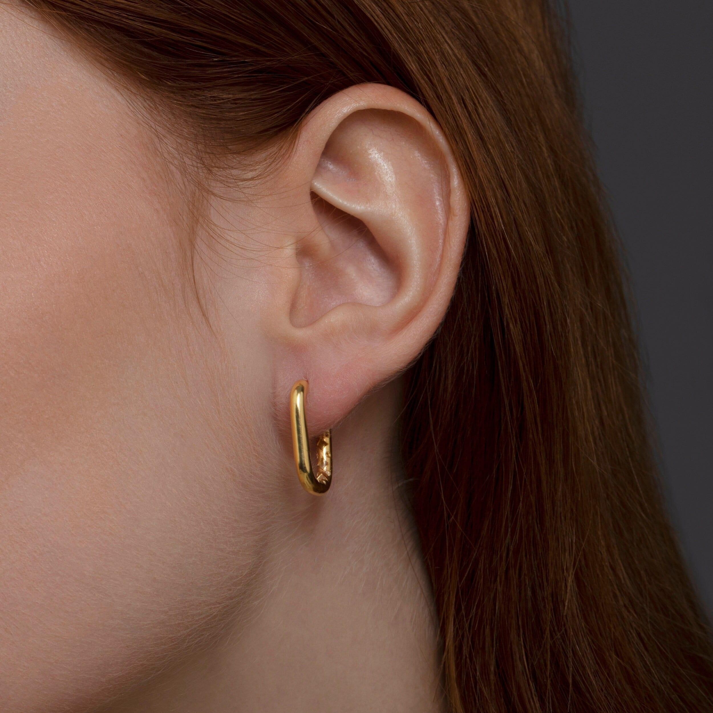 Square Hinged Hoops in 18K Gold Vermeil. No green marks, perfect for daily wear.
