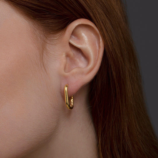 Square Hinged Hoops in 18K Gold Vermeil. No green marks, perfect for daily wear.