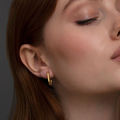 Square Hinged Hoops in Glamour Jewelry House gift box — 18K Gold Vermeil daily wear gift. No green marks.