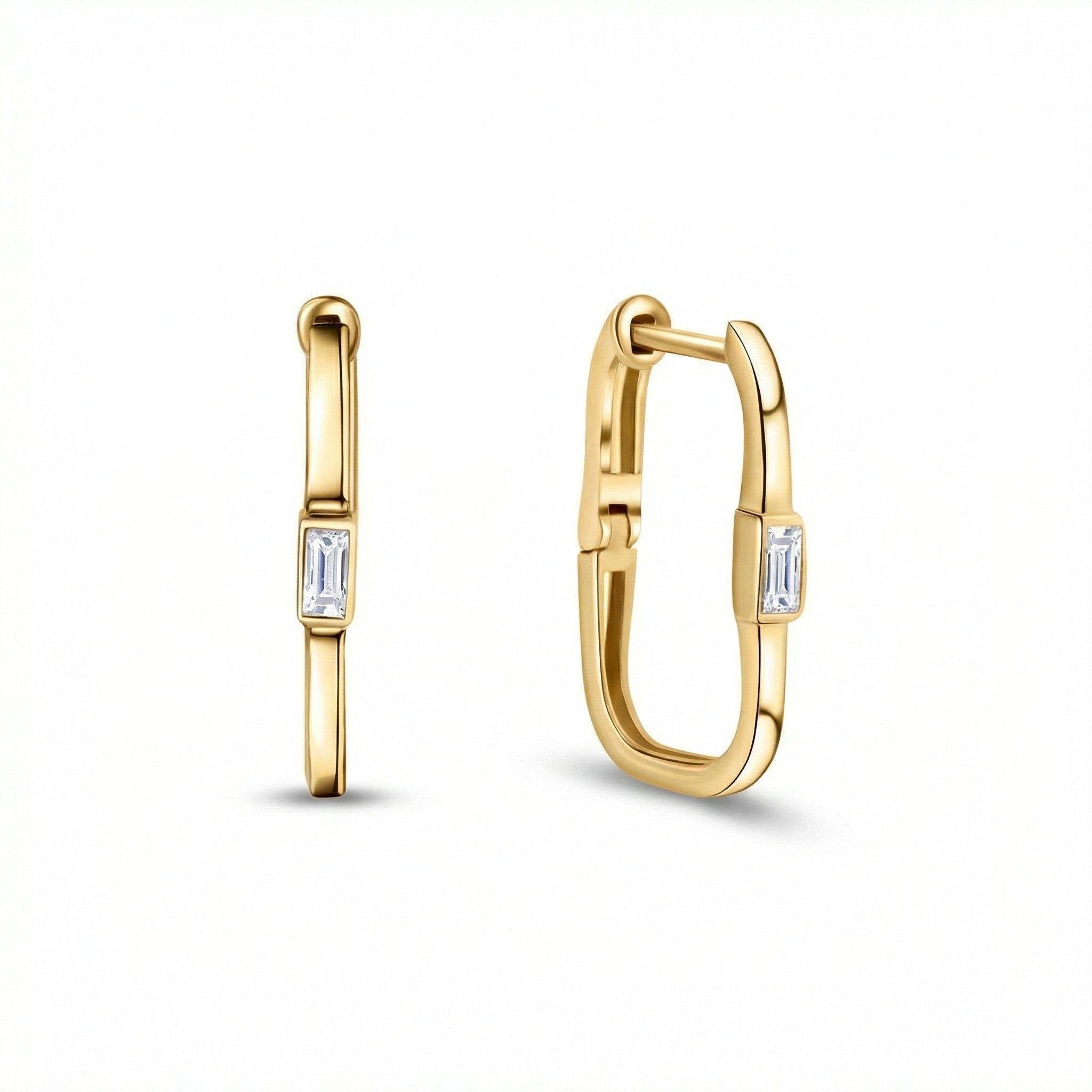 Square Hoop Earrings with Baguette Diamond in 18K Gold Vermeil with CZ Diamond. No green marks, perfect for daily wear.