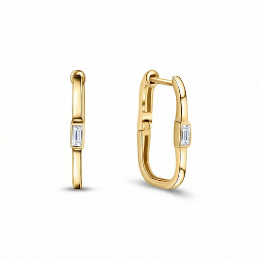 Square Hoop Earrings with Baguette Diamond in 18K Gold Vermeil with CZ Diamond. No green marks, perfect for daily wear.