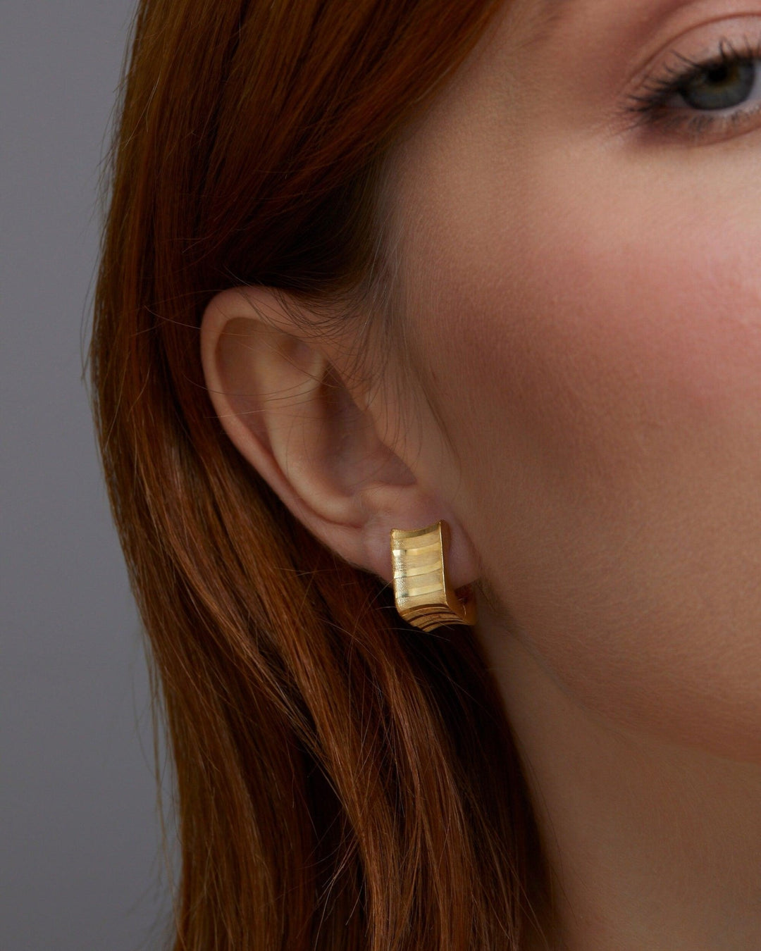 Square Hoop Huggie Earrings in Glamour Jewelry House gift box — 18K Gold Vermeil anniversary gift. No green marks.