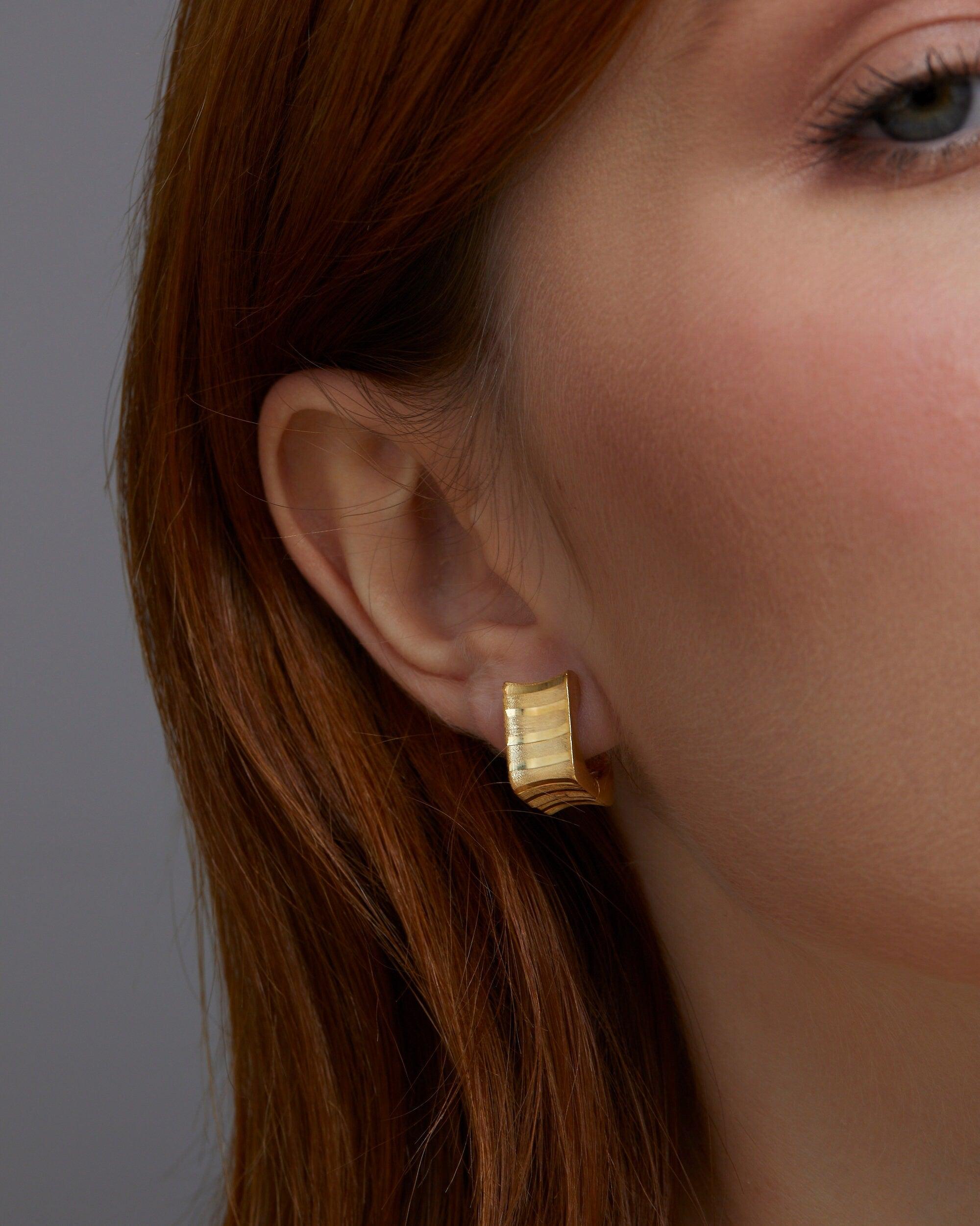 Square Hoop Huggie Earrings in Glamour Jewelry House gift box — 18K Gold Vermeil anniversary gift. No green marks.
