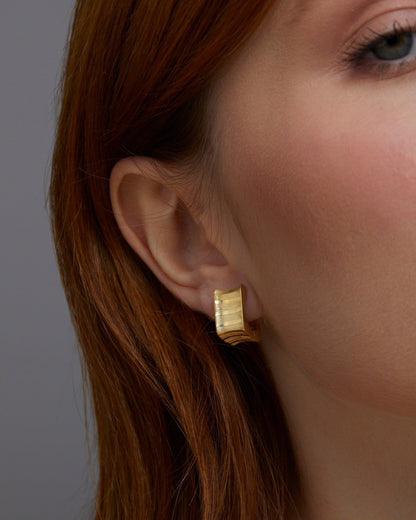 Square Hoop Huggie Earrings in Glamour Jewelry House gift box — 18K Gold Vermeil anniversary gift. No green marks.
