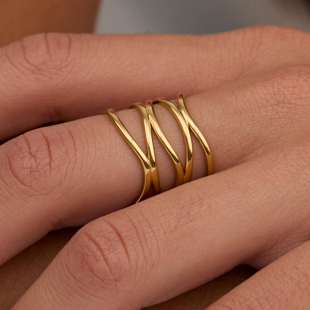 Close detail of the Stackable Adjustable Fashion Ring in Gold-Plated Steel. Hypoallergenic, no green marks, premium.