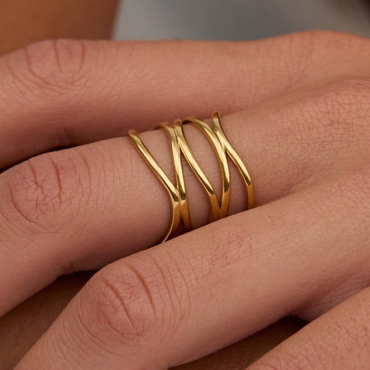 Close detail of the Stackable Adjustable Fashion Ring in Gold-Plated Steel. Hypoallergenic, no green marks, premium.