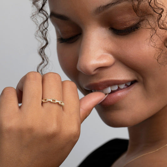 Close detail of the Stackable Fashion Ring in 18K Gold Vermeil. Hypoallergenic, no green marks, premium handmade jewelry.