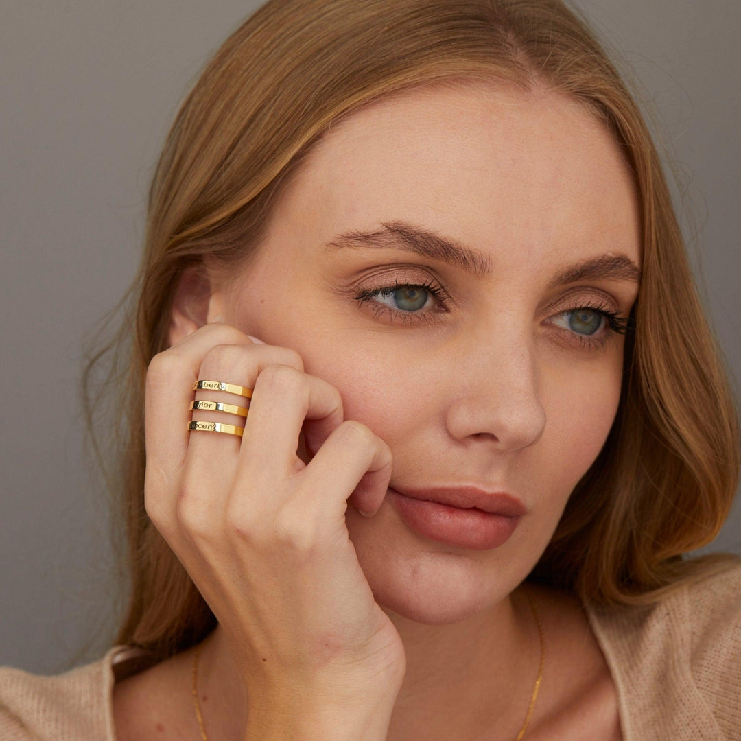 Close detail of the Stackable Multiple Name Ring in 18K Gold Vermeil. Hypoallergenic, no green marks, premium handmade.