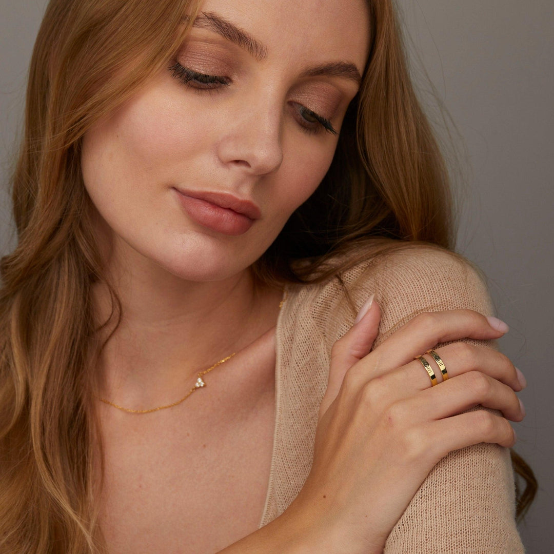 The Stackable Multiple Name Ring styled in 18K Gold Vermeil — elegant everyday jewelry. Tarnish-resistant.