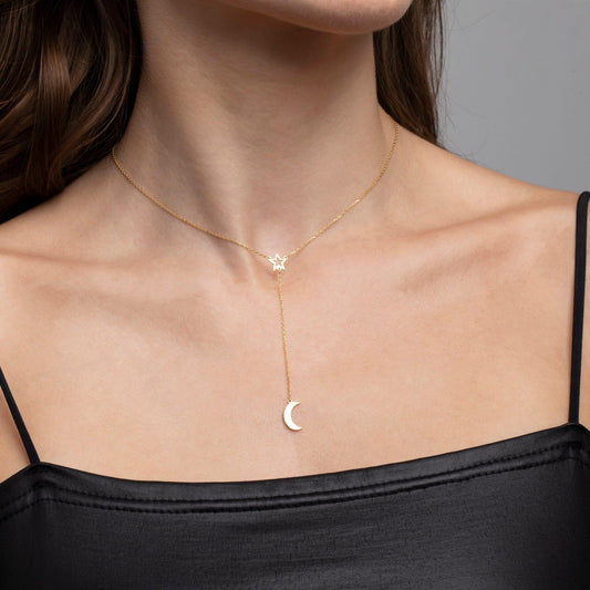 Close detail of the Star and Moon Necklace in 18K Gold Vermeil. Safe for sensitive skin, premium handmade jewelry.