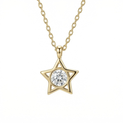 Star CZ Diamond Necklace in 14K solid gold: an open five-point star with one round clear CZ in a gold rim at its center, on a fine chain.