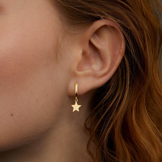 Close detail of the Star Hoop Earrings in 18K Gold Vermeil. Tarnish-resistant, premium handmade jewelry.