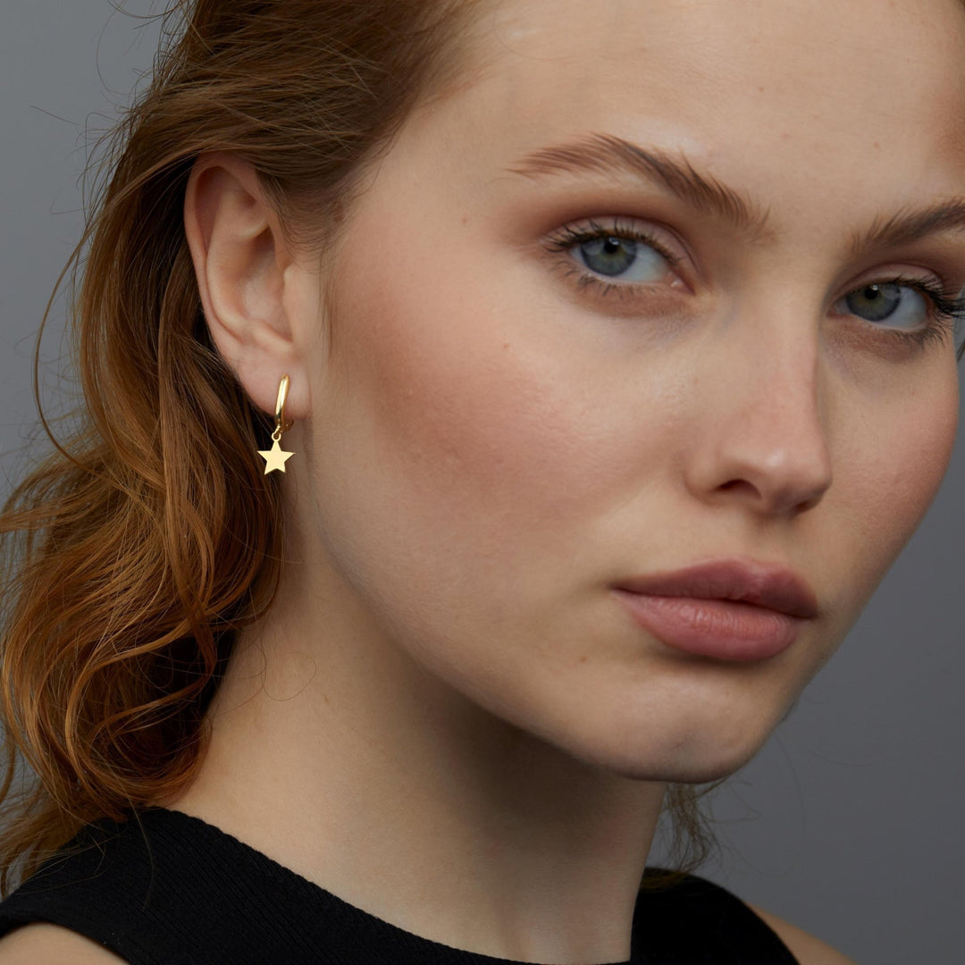 Macro detail of the Star Hoop Earrings showcasing craftsmanship in 18K Gold Vermeil. No green marks, handmade.