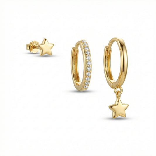 Star Hoops Stud Earring Set in 18K Gold Vermeil. No green marks, perfect for daily wear.