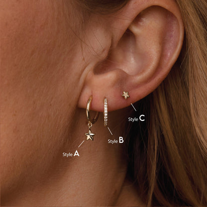 The Star Hoops Stud Earring Set styled in 18K Gold Vermeil — elegant everyday jewelry. Hypoallergenic for sensitive ears.