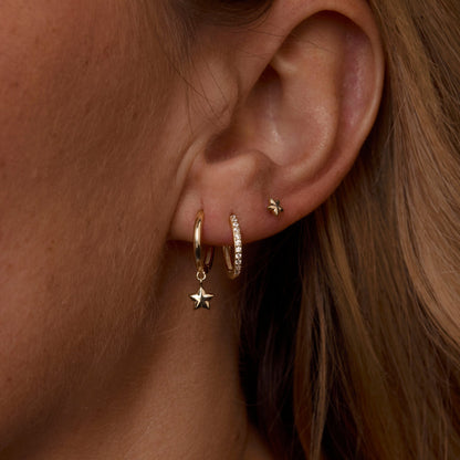 Macro detail of the Star Hoops Stud Earring Set showcasing craftsmanship in 18K Gold Vermeil. No green marks, handmade.