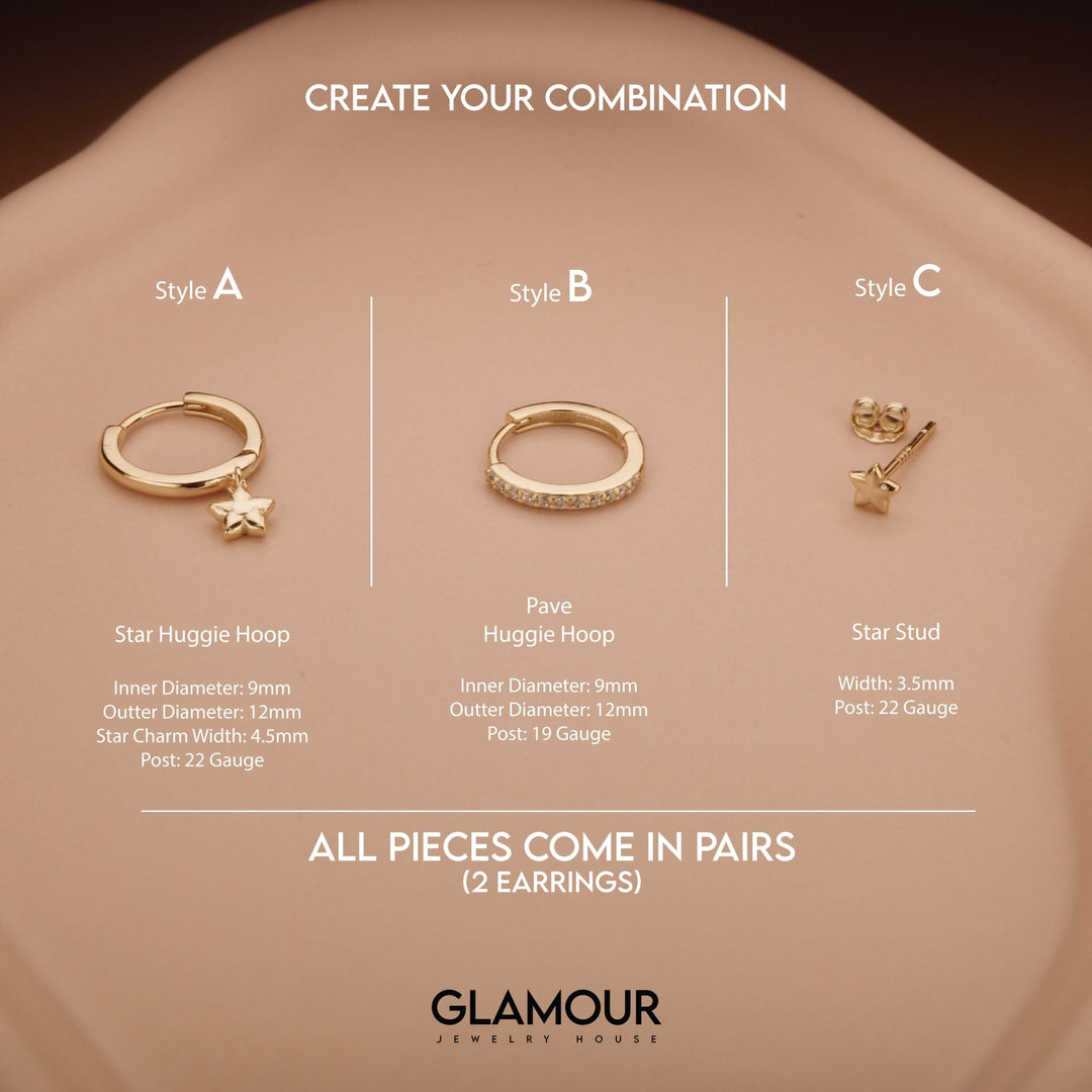 Star Hoops Stud Earring Set in Glamour Jewelry House gift box — 18K Gold Vermeil graduation gift. No green marks.