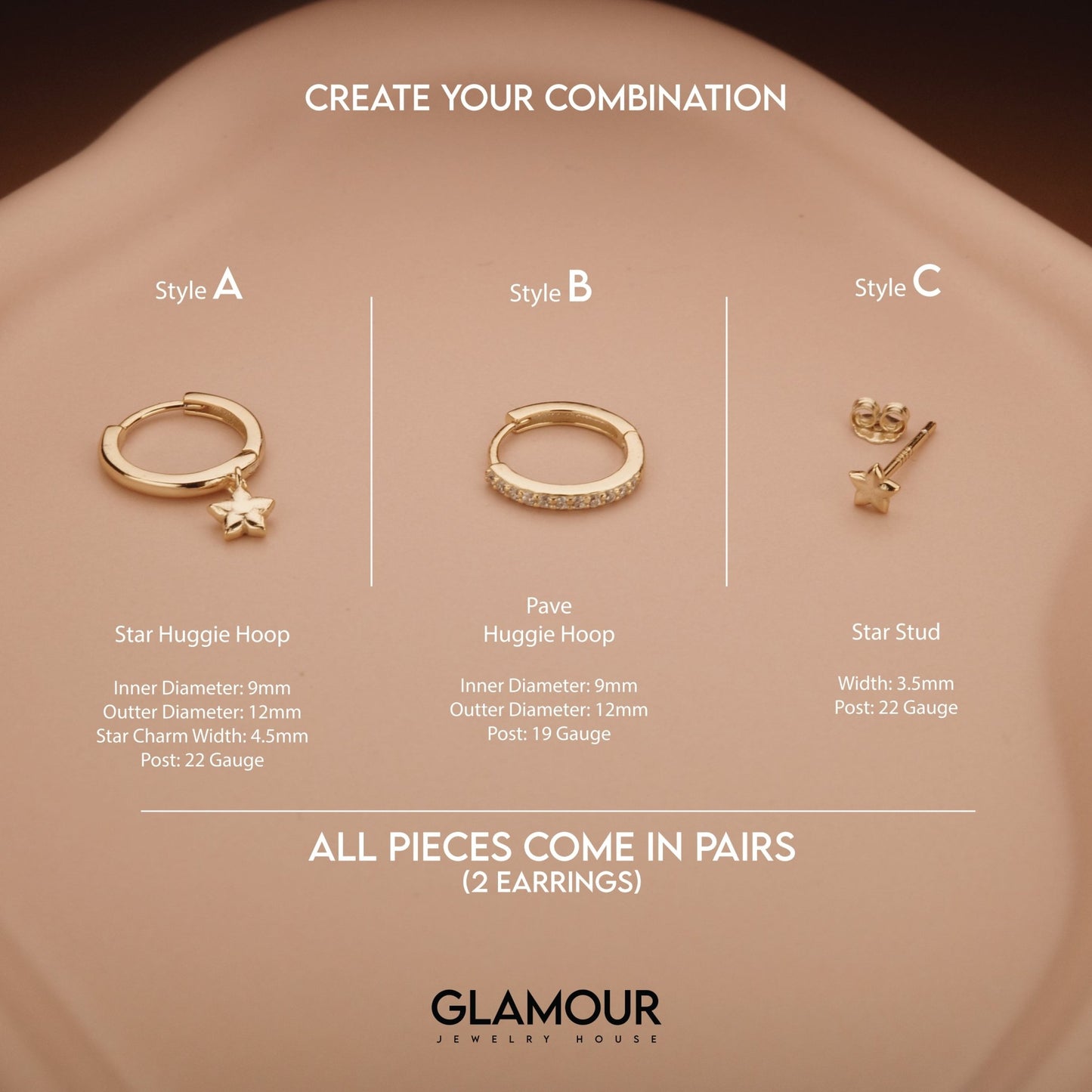 Star Hoops Stud Earring Set in Glamour Jewelry House gift box — 18K Gold Vermeil graduation gift. No green marks.