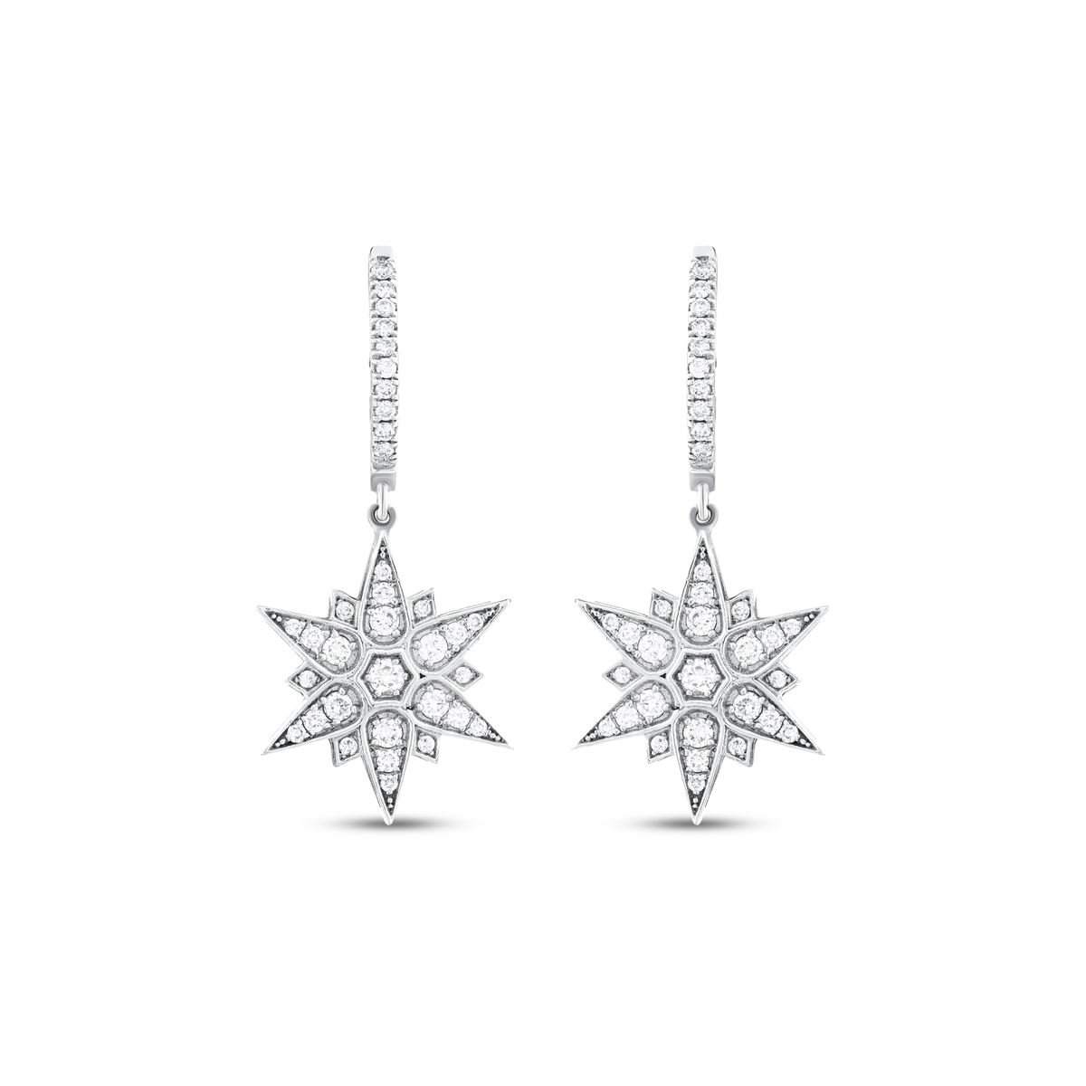 Pair of star natural diamond drop huggie earrings in 14K solid white gold, front view