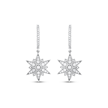 Pair of star natural diamond drop huggie earrings in 14K solid white gold, front view