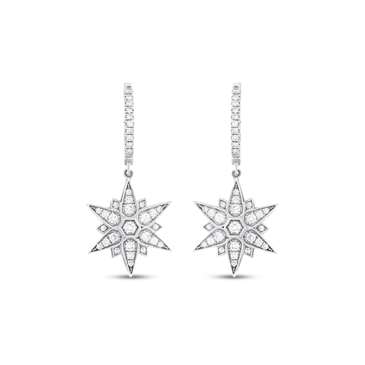 Pair of star natural diamond drop huggie earrings in 14K solid white gold, front view