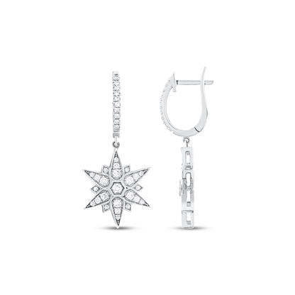 Star natural diamond drop huggie earring in 14K white gold, front and side view showing the hinged huggie