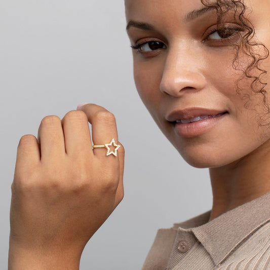 Close detail of the Star Pavé Adjustable Ring in 18K Gold Vermeil with CZ Diamond. Hypoallergenic, no green marks, premium.