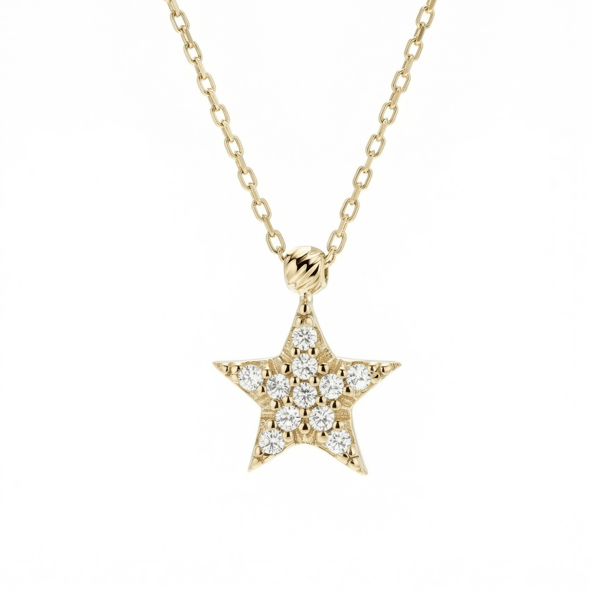 Star Pavé Necklace in 14K solid gold: a small star set with 11 clear CZ stones on a fine chain.