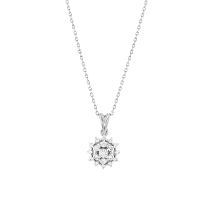 Starburst natural diamond cluster pendant necklace in 14K solid white gold on a fine cable chain, front view on a white background