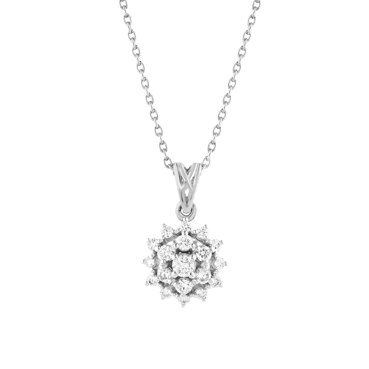 Close view of the twelve-point starburst natural diamond cluster pendant in 14K white gold with its woven bail
