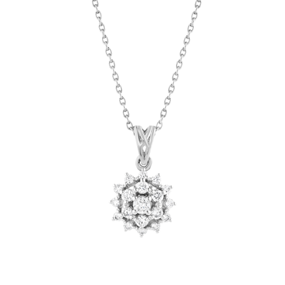 Close view of the twelve-point starburst natural diamond cluster pendant in 14K white gold with its woven bail